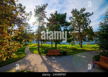 Parterres, voie d'herbe et de plantes ornementales dans un vase de jardin formel. Banque D'Images