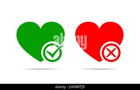 Coeurs avec Oui et Non. Oui et Non. Vector illustration. Coeurs rouges et verts avec crochets sur fond blanc. Illustration de Vecteur