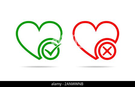 Coeurs avec Oui et Non. Oui et Non. Vector illustration. Coeurs rouges et verts avec crochets sur fond blanc. Illustration de Vecteur