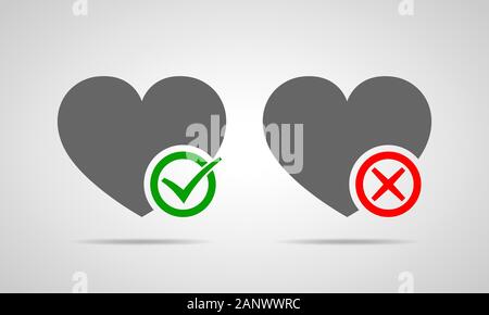 Coeurs avec Oui et Non. Oui et Non. Vector illustration. Coeurs gris avec des marques rouges et vertes sur fond clair. Illustration de Vecteur