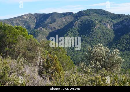 Vue panoramique sur la chaîne de montagnes de l’Irta (parc naturel de la Serra d’Irta) dans la région de Valence (est de l’Espagne) Banque D'Images