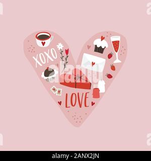 Valentines Day ou mariage carte de vœux, invitation à une fête. Cœur fait de verres à vin à la main, des lettres, des boîtes-cadeaux et sucrés. L'amour, texte XOXO Illustration de Vecteur