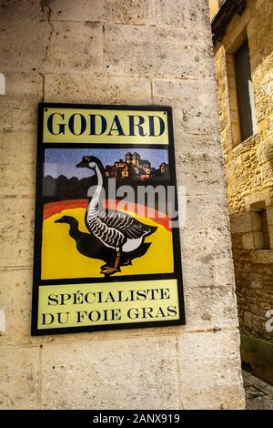 France, dordogne, Sarlat-la-caneda, Rue Tourny, Godard, spécialiste du foie gras La Boutique Sign Banque D'Images