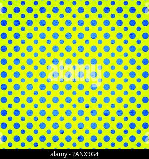 Polka bleue parsemée d'arrière-plan chartreuse. Les points sont des cercles géométriques plus petits et de taille moyenne, en toile de fond numérique 12 x 12. Idéal pour les pages élém Banque D'Images