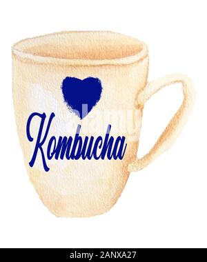 Kombucha dans un motif mug en aquarelle avec un coeur bleu et un script pour cette boisson saine qui est un thé fermenté. Banque D'Images