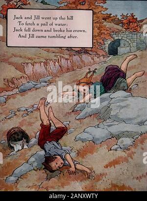 Jack et Jill est allé jusqu'à une colline pour aller chercher un seau d'eau. Jack est tombé et a cassé sa couronne, et Jill de secousse après - Vintage illustration d'une comptine Banque D'Images