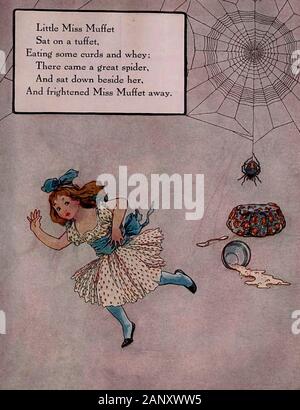 Little Miss Muffet assis sur un tuffet, manger son caillé et petit-lait. Il vint une grande araignée et s'assit à côté d'elle et effrayé Miss Muffet - Vintage illustration d'une comptine Banque D'Images