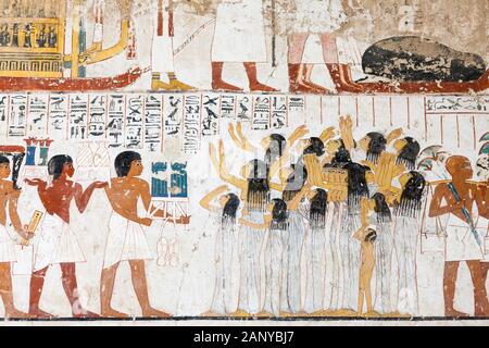 Lamenter les femmes, peintures murales de Tombeau de Ramose, TT55, dans le village de Sheik Abd el-Kurna, Louxor, Egypte, Afrique du Nord, Afrique Banque D'Images