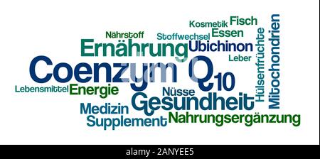 Nuage de mots sur un fond blanc - Coenzyme Q10 - Coenzym Q10 (allemand) Banque D'Images