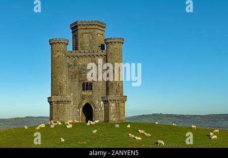 Tour Paxtons sur une colline surplombant la vallée de Tywi et entouré de moutons dans le Carmarthenshire, une journée lumineuse et ensoleillée de janvier. Banque D'Images