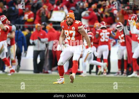 Kansas City Chiefs tight end Travis Kelce (87) obtient la foule acclamer pendant l'AFC Championship, dimanche, Mai 19, 2020, dans la région de Kansas City, Mo. Les Chiefs battre les Titans 35-24. (Photo par IOS/ESPA-images) Banque D'Images