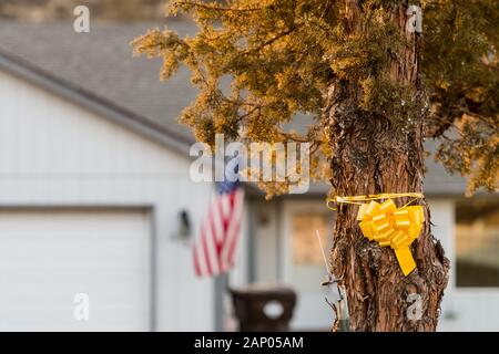 Un ruban jaune attaché à un arbre à l'appui des troupes déployées à côté d'une maison à vendre à Terrebonne Banque D'Images