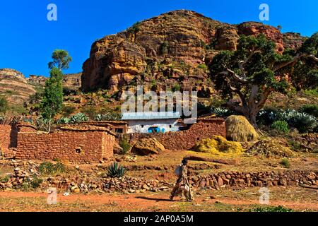 Ferme traditionnelle dans les montagnes, près de Gheralta Hazwien, Tigray, Éthiopie Banque D'Images