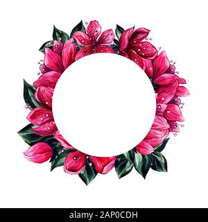 De prunier fleurs roses frame, Aquarelle Décoration florale les frontières. Fleurs de prunier japonais, red s'épanouir bouquet mariage pétales pour RSVP ou enregistrer la date love vintage design template Banque D'Images