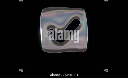 Le rendu 3D de bulle de savon transparent déformée en forme de symbole de coche dans carré arrondi isolé sur fond noir Banque D'Images