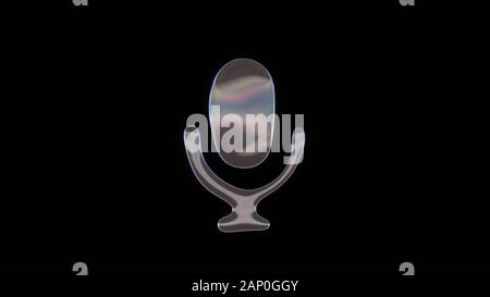 Le rendu 3D de bulle de savon transparent déformée en forme de symbole de microphone isolé sur fond noir Banque D'Images