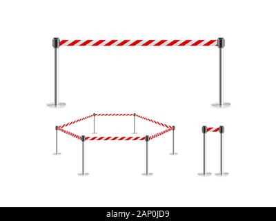 Barrière de clôture mobile rouge support de ceinture blanc isolé, illustration 3d. Banque D'Images