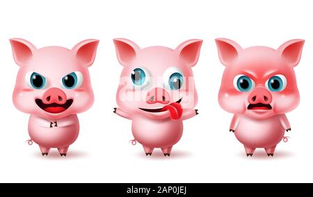 Caractère porcs debout vector set. Les caractères des animaux Porcs en colère, fou et méchant avec mignon avatar 3d'expressions faciales isolées en blanc. Illustration de Vecteur