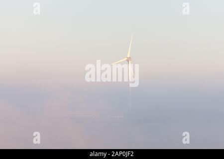 Loughbeg, Ringaskiddy, Cork, Irlande. Le 20 janvier, 2020. Une éolienne s'élève au-dessus du brouillard tôt le matin par un froid matin de janvier qui couvre le DePuy Synthes manafacturing installation à Loughbeg, Ringaskiddy, co Cork, Irlande. Crédit ; David Creedon / Alamy Live News Banque D'Images