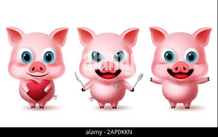 Caractères permanent cochon vector set. Les porcs en caractère animal mignon expressions de faim, heureux et excité avec coeur, couteau et éléments de porc. Illustration de Vecteur