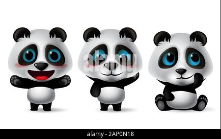 Caractère Pandas vector set. Caractères Panda avatar 3D dans différentes poses et expressions dans la faim, triste, en colère, mensonge, excité et isolés . Illustration de Vecteur