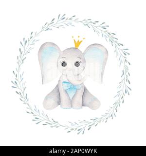 Prince bébé éléphant dans floral frame hand drawn illustration raster. Garçon animale et végétale avec des feuilles isolées brindilles aquarelle composition. Elephant Banque D'Images