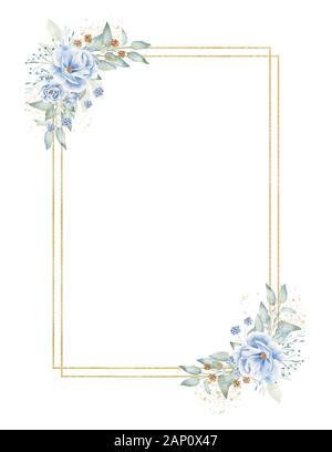 Cadre rectangulaire avec des éléments floraux raster dessinés à la main, l'illustration. Des formes géométriques d'or, , branches de fleurs Aquarelle isolés compos Banque D'Images