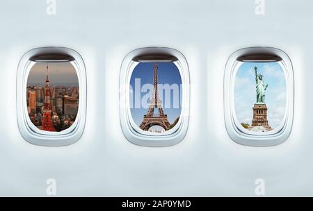 Avec Windows avion repère destination de Tokyo (Japon), Paris (France) et New York (US). Concept de voyage. Banque D'Images