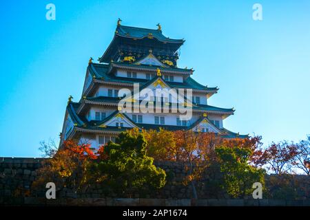 Paysage du château d'Osaka en automne, vue moyenne, vue à angle bas Banque D'Images