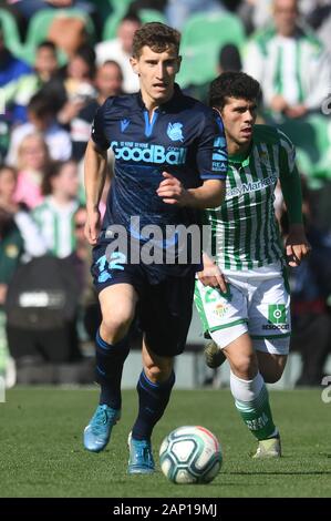 Séville, 19-01-2020. Primera Division Ligue espagnole. LaLiga. L'Estadio Benito Villamarin. Aihen Munoz (Real Sociedad) durant le jeu Real Betis - Real Sociedad. Banque D'Images