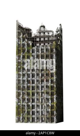 Gratte-ciel en ruines, grand et post-apocalyptique envahi par des capacités isolé sur fond blanc Banque D'Images