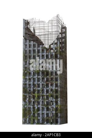 Gratte-ciel en ruines, grand et post-apocalyptique envahi par des capacités isolé sur fond blanc Banque D'Images