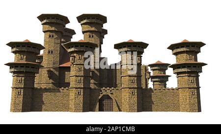 Château médiéval avec des tours de guet et gate isolé sur fond blanc Banque D'Images