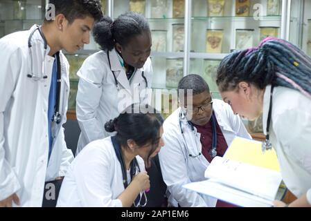 Les médecins, mixed race, dans la salle de classe, à une conférence médicale. Les jeunes, en blouse blanche, avec les stéthoscopes, étudient la médecine. Classe, Ana Banque D'Images