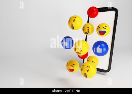 Ensemble d'émoticônes, heureux smiley avec téléphone mobile. Concept 3d émotion. Le rendu 3D Banque D'Images