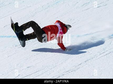 Leysin, Suisse. 20 Jan, 2020. Nick Puenter de Suisse tombe lors de la finale de Slopestyle Hommes de Snowboard à la 3e Jeux Olympiques de la jeunesse d'hiver à Leysin, Suisse, le 20 janvier 2020. Crédit : Yang Lu/Xinhua/Alamy Live News Banque D'Images