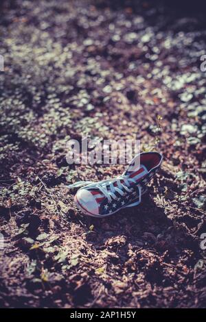 Une chaîne hi-top chaussures en toile avec un motif du drapeau américain abandonné dans les sous-bois Banque D'Images