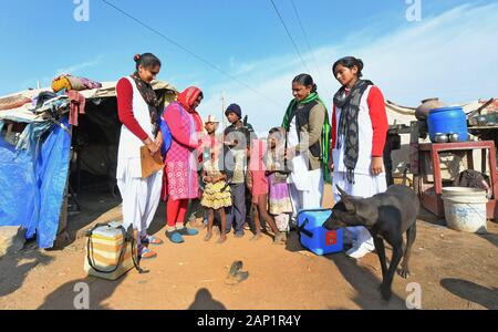 Beawar, Inde. 20 Jan, 2020. Les enfants étant administré le vaccin contre la polio par impulsions gouttes ANM travailleur dans un bidonville au cours de campagne de vaccination contre la polio d'impulsions à Beawar. (Photo by Sumit Mamadou Diop/Pacific Press) Credit : Pacific Press Agency/Alamy Live News Banque D'Images