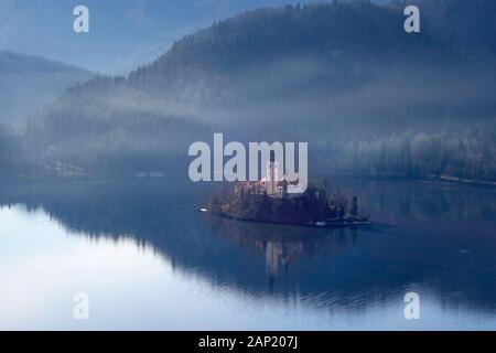 La Slovénie. Vue aérienne sur le lac de Bled et à l'île avec l'église de pèlerinage dédiée à l'assomption de Marie (Cerkev Marijinega vnebovzetja) Banque D'Images