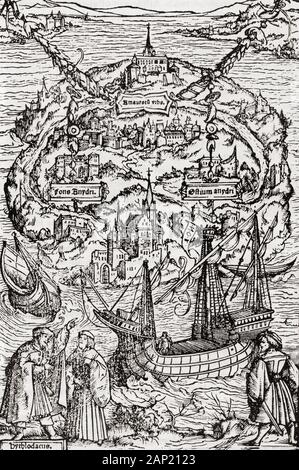 L'île d'utopie de l'Utopie de Sir Thomas More. Sir Thomas More, 1478 -1535, alias Saint Thomas More. Avocat anglais, philosophe social, auteur, homme d'État, et a noté humaniste de la Renaissance. Banque D'Images