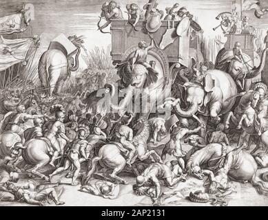 La bataille de Zama en 202 BC. Les Romains menés par Scipion défait les Carthaginois Hannibal Barca lors de la Deuxième Guerre punique. En ce 16e siècle gravure Hannibal's éléphants de guerre romaine attaque la cavalerie. Banque D'Images