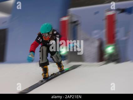 Coupe du monde de snowboard 2020 Rogla, en Slovénie. Un concurrent au moment de quitter le début-gate et gains la vitesse en bas de la piste. Motion bl Banque D'Images