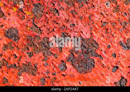 La vieille peinture rouge écaille la plaque d'acier rouillée avec de la lichen qui prend en charge les taches. Princes Wharf, Waitemata Harbour, Auckland, Nouvelle-Zélande Banque D'Images