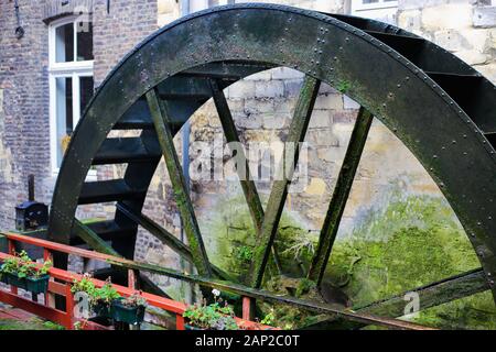 Vue sur la vieille roue à aube du moulin à eau ancien mur de briques moussues arrière-plan. Maastricht, Pays-Bas Banque D'Images