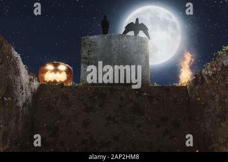Le rendu 3D de tombeau ouvert en face de l'ancienne pierre tombale et la pleine lune la lumière. Halloween Concept Banque D'Images