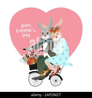 Un couple de lapins amoureux sur un vélo avec un bouquet de fleurs sur fond d'un grand coeur isolé sur fond blanc. Valentines vecteur mignon Illustration de Vecteur