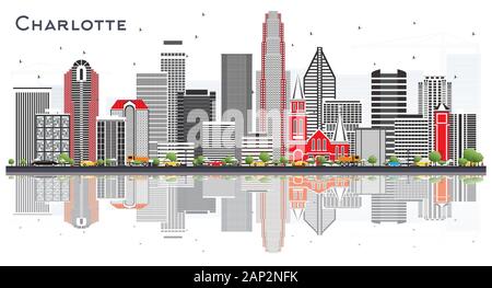 Charlotte NC City Skyline avec bâtiments gris et réflexions isolées sur blanc. Illustration Vectorielle. Illustration de Vecteur