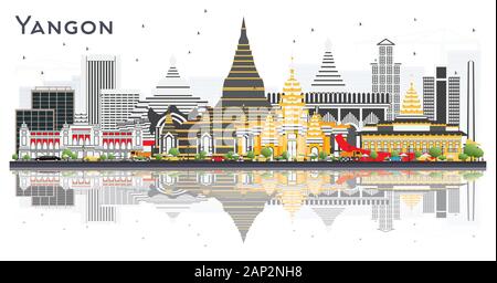 Yangon Myanmar City Skyline Avec Bâtiments Gris Et Réflexions Isolés Sur Blanc. Illustration Vectorielle. Illustration de Vecteur