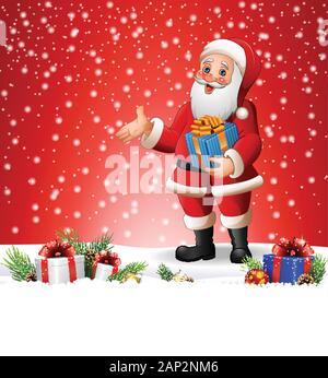 Cartoon Santa Claus holding une boîte-cadeau Illustration de Vecteur