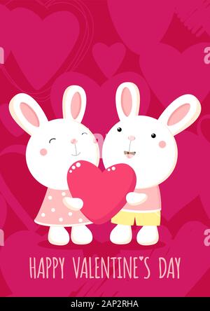 Carte Saint Valentin avec deux lapins mignon avec coeur rose. Inscription - Happy Valentine's day. Spe8 Illustration de Vecteur